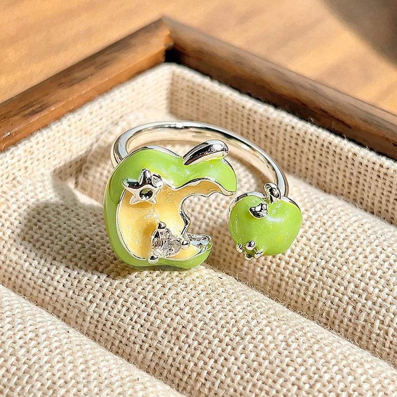 Niche High‑Sense Stack‑Wear Open Ring Subculture Sweet‑Cool Green Apple Enamel Zircon Personality Light‑Luxury Adjustable Fashion Jewelry