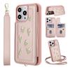 For iPhone 14 Pro Case Embroidered Tulips PU Leather Card Holder Back Cover with Shoulder Strap/Wrist Strap