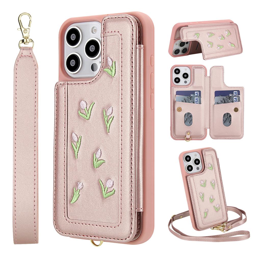 For iPhone 14 Pro Case Embroidered Tulips PU Leather Card Holder Back Cover with Shoulder Strap/Wrist Strap