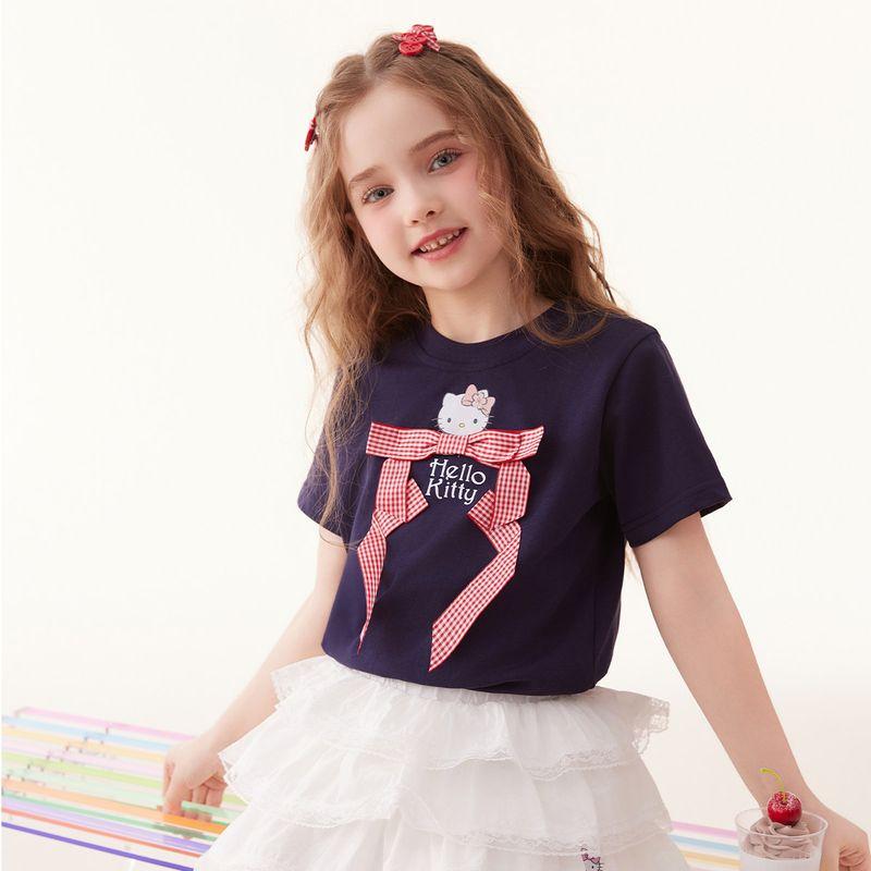 Hello Kitty Girls  Short-Sleeved T-Shirt 100% Cotton Bow Summer Short-Sleeved 2025 New Summer Top Black 110 cm