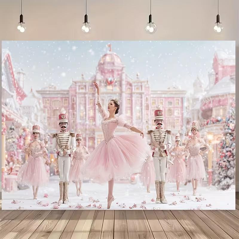 

2D Nutcracker Ballerina Photography Backdrop, Snowy Pink Christmas Town Background Cloth for Holiday Party 47.2x31.5inch/120*80cm