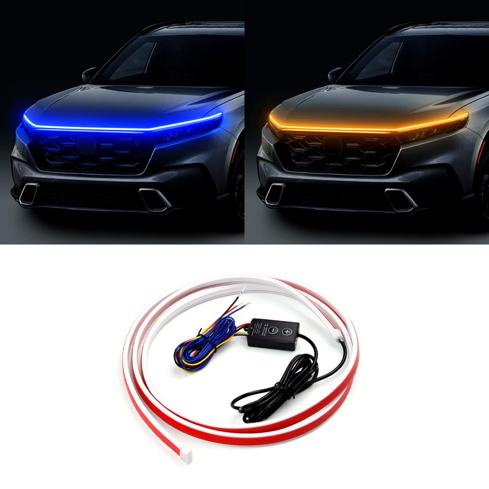 LED Car Daytime Running Light Strip - Blue & Yellow Dual Color Plug And Play Start Scan Turn Signal 12V Universal Car Hood Light