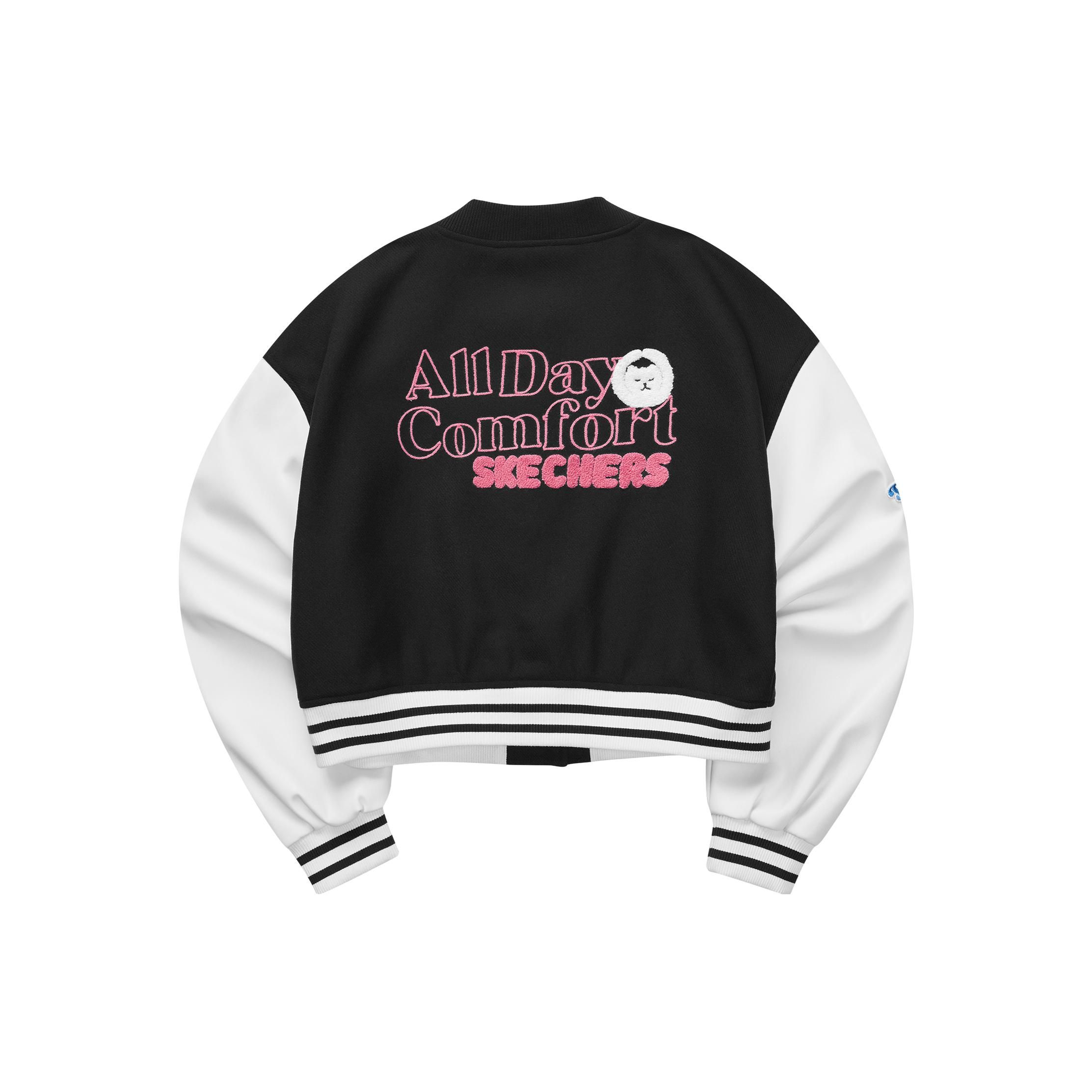 Skechers Letter Print Color Block Woven Jacket Retro Sports College Style Stand Collar Jacket Women jackets Carbon-Black L423W078-0018 S