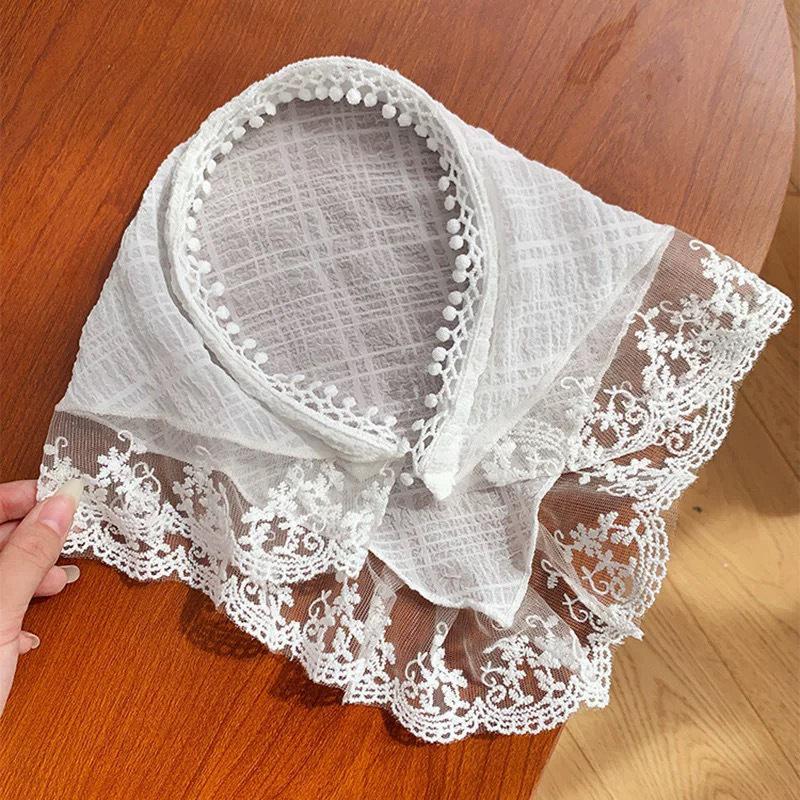 French Blue Plaid Lace Triangle Scarf Headband - Pastoral Style Women's Hair Accessory with Seaside Vibe