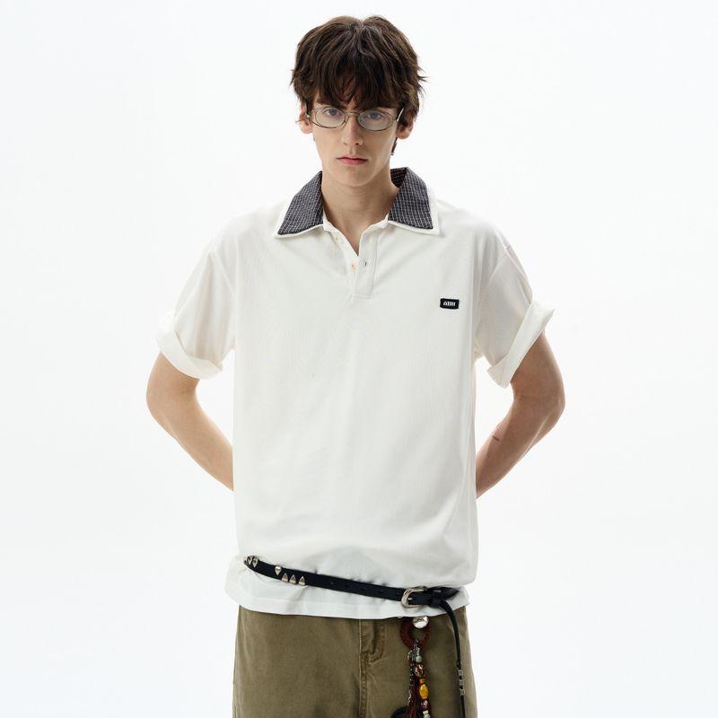 Madwitch American Retro Spliced Double-Collar Polo Short-Sleeved T-Shirt for Men and Women, Loose Casual Contrasting Color Couple Tops