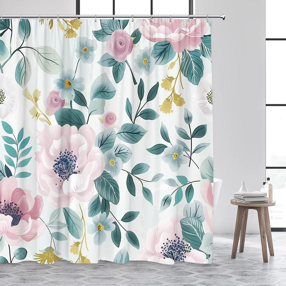 Hummingbird Shower Curtain Spring Flower Watercolor Farm Plant Green Leaf Butterfly Cute Cat Polyester Fabric Bathroom Decor Set