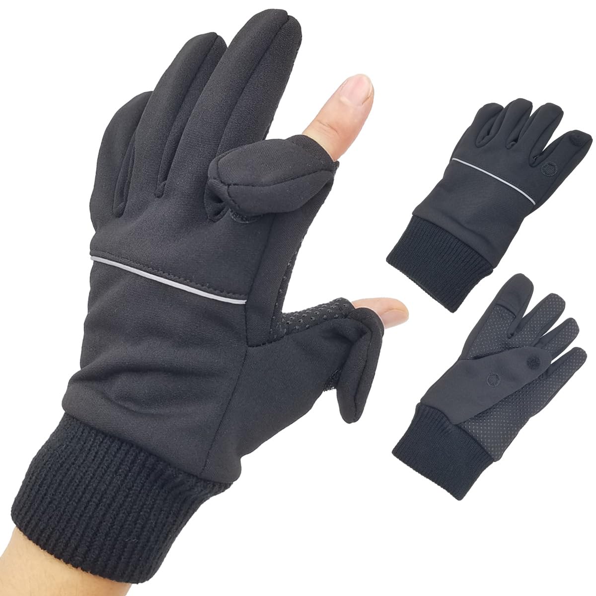 

Белые перчатки с открытыми пальцами, ламинированные ветрозащитной пленкой, с отражающей тыльной стороной чёрный