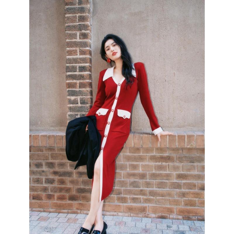 

[] Красное длинное вязаное платье женское осень новое нишевое контрастного цвета лацкан облегающая юбка XL красный