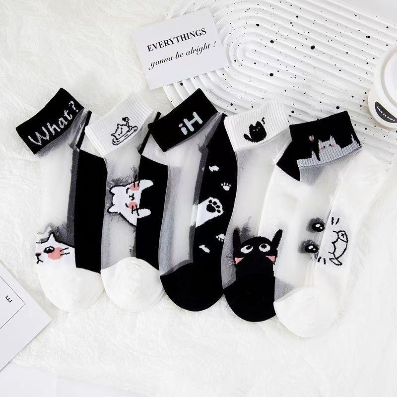 5/10 Perechi Șosete Transparente cu Model Pisică pentru Femei, Șosete Casual Respirabile, Absorbante de Transpirație, cu Imprimeu Desen Animat la Modă, pentru Primăvară-Vară