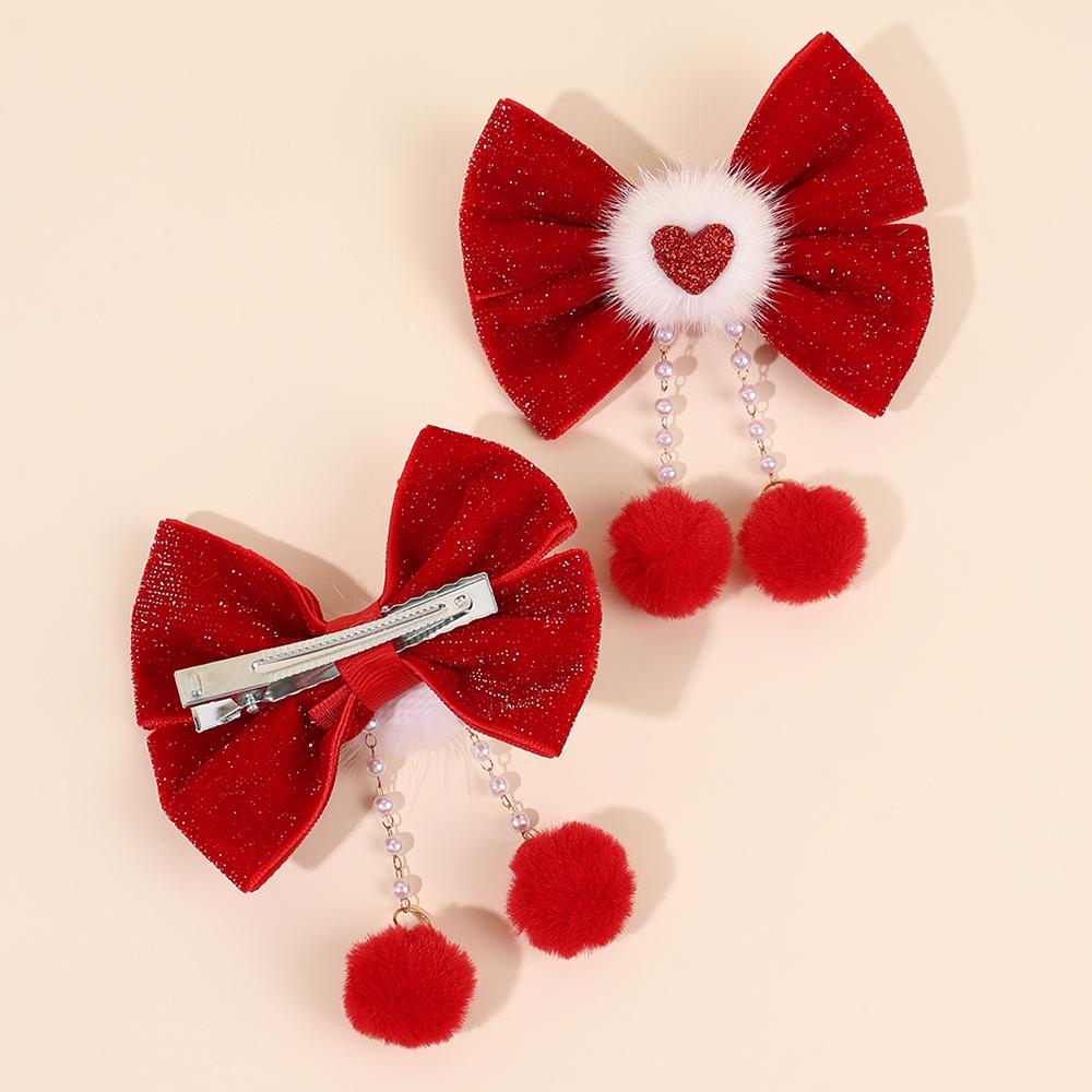 2Pcs Glitter Velvet Bow Hair Clips With Fuzzy Ball Tassels Elegant Cute Red Heart-Shaped Bow Barrette Hair Accessories For Girls