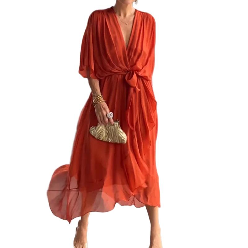 Vestido elegante feminino de verão 2025 novo estilo decote em V com cadarço manga morcego