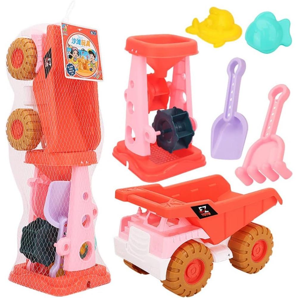 6 Piece Sand Toy Beach Toy Set with Sand Wheel, Truck, Sand Molds, Bucket, Shovel, Water Toy Set, Outdoor Toy for Boys Girls 3 4 5 6 7 Years