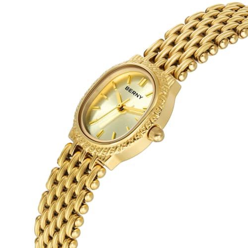 BERNY Women's Gold Quartz Watch with a Small Oval Design, 3 ATM Water Resistance, and a Japanese Movement with a Convenient Adjustment Tool