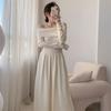 Koreanisches Strickkleid mit Carmen-Ausschnitt für Damen, Herbst, neu, Patchwork, langärmelig, Mode, einfarbig, Party-Langkleid, Winter