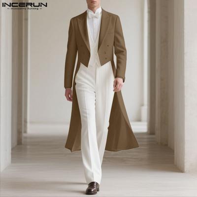 Men Notched Lapel High Low Irregular Splits Long Tunic Blazer Coats