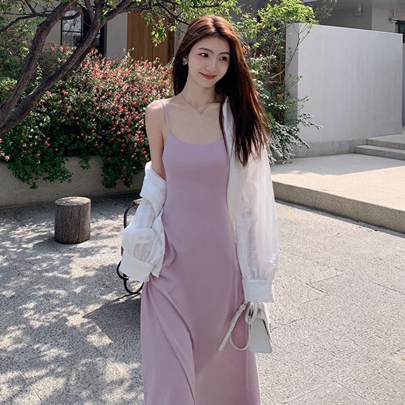 2026 Summer Korean Spaghetti Strap Dress & Sun Protection Shirt Set M