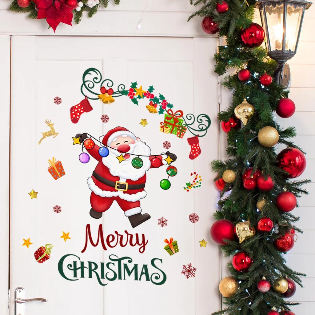 Merry Christmas Stickers Door Window Wall Decoration Cartoon Santa Snowman Xmas Tree Elk Sleigh Wallpaper Festival Room Decor