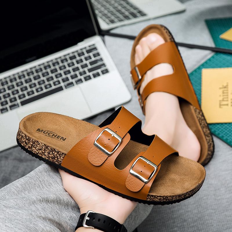 Women's Cork Insole Slippers Men's Sandals Summer Beach Sandals Men's Double Buckle Slip-on Sandals Non-slip Men's Cork Slippers