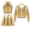 Kinder Mädchen 3-teiliges Tanzset: Metallic Mock Neck Crop Top, Rock & Stehkragen-Reißverschlussjacke für Bühnenauftritt & Workout