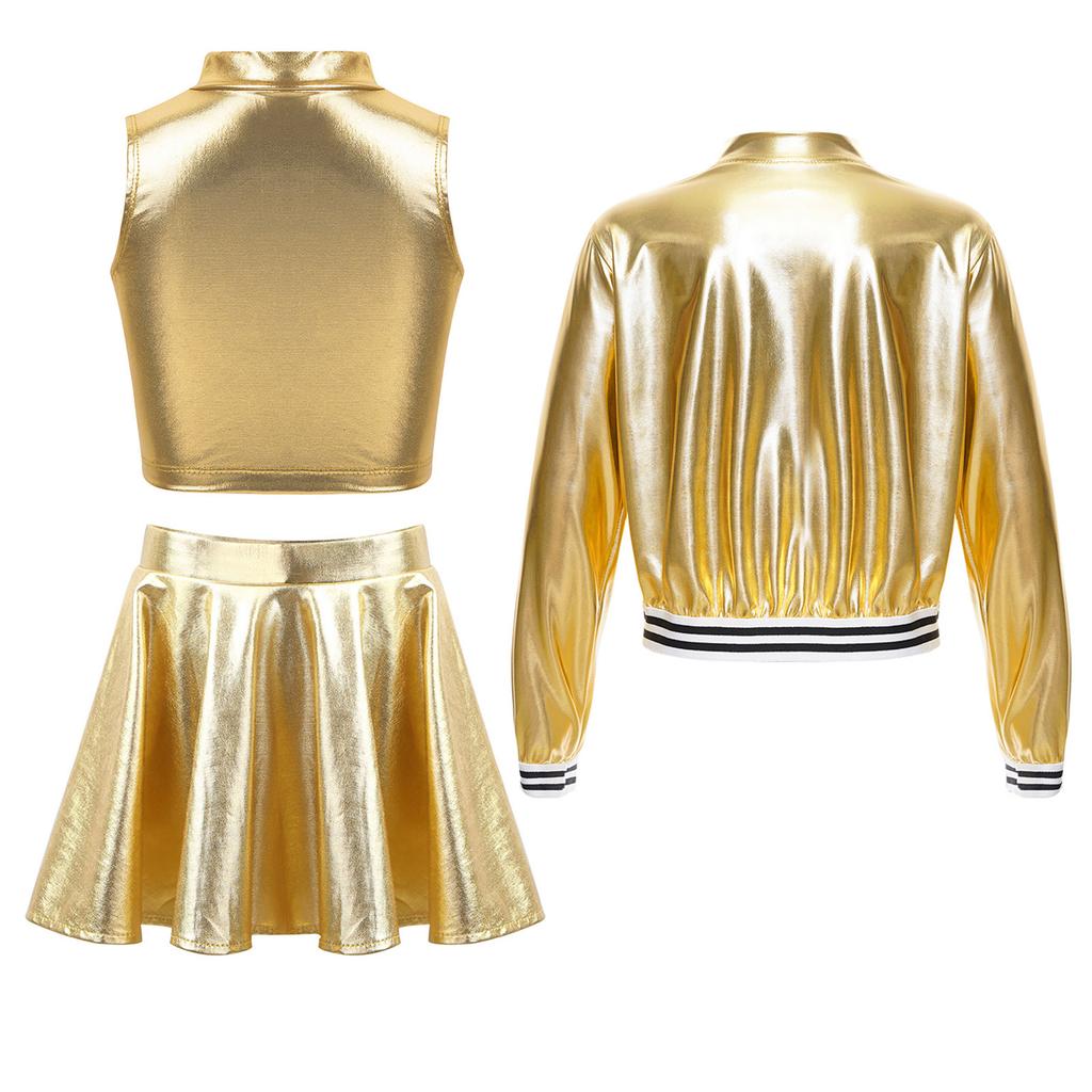 Kinder Mädchen 3-teiliges Tanzset: Metallic Mock Neck Crop Top, Rock & Stehkragen-Reißverschlussjacke für Bühnenauftritt & Workout