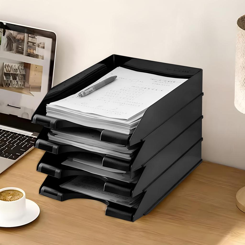 RAIN QUEEN A4 Letter Tray, Black, 4-Tier Vertical Desktop Storage Rack, Document Shelf, Small Item Storage, Desk Tray, File Storage, Newspapers,