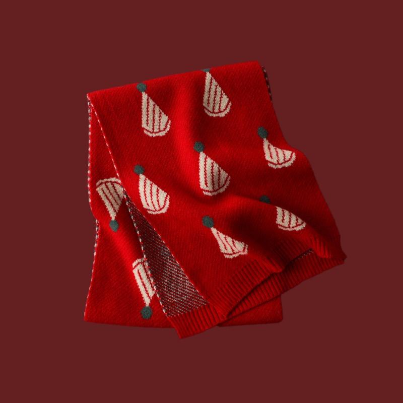 Versatile Christmas Knitted Wool Red Scarf Deer Elk Print Snowflake Warm Personality Couple Scarf Student