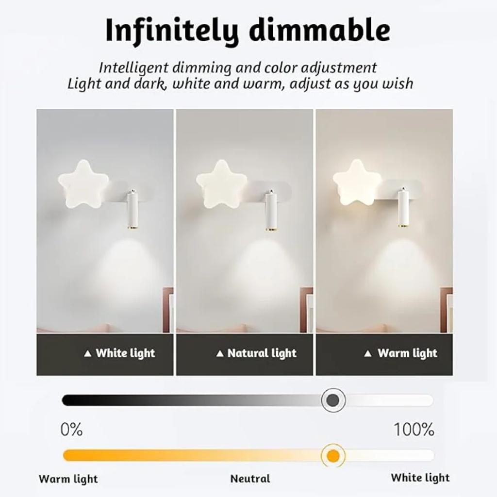 Wall Light LED Dimmable Wall Lamp with Remote Control Star Wall Spotlight Rotatable 350° Night Light White Reading Lamp Lighting