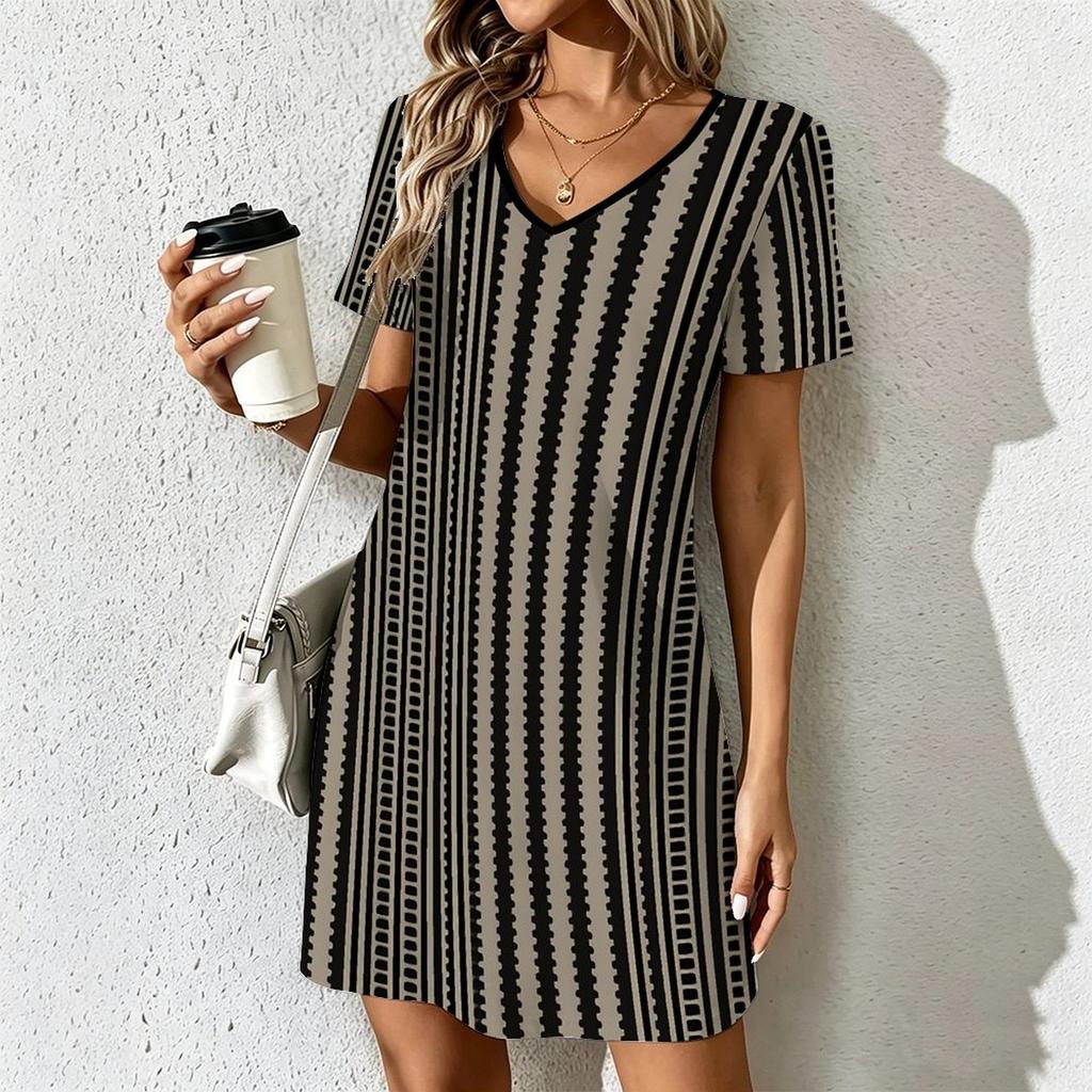 Summer Fashion Women's V Neck Short Sleeve Geometric Color Matching Printed Dress Sex Short Skirt Dresses