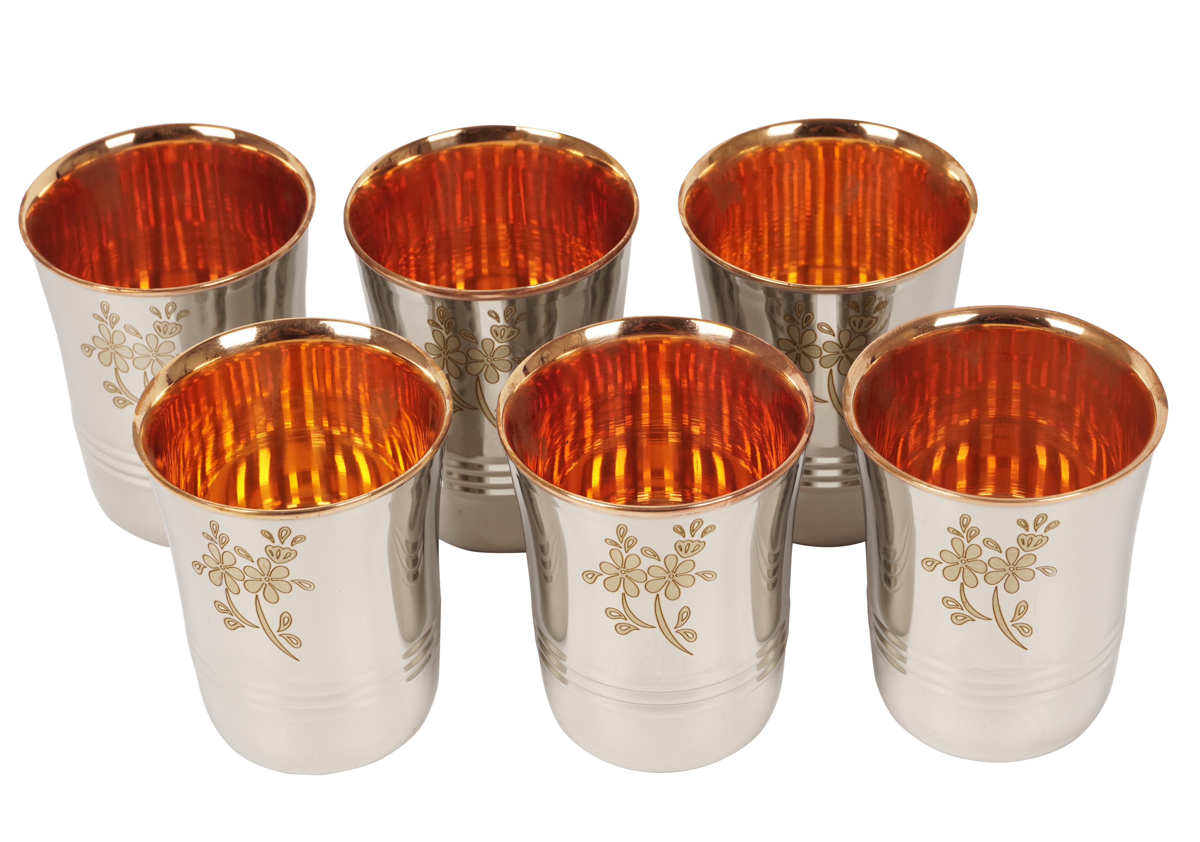 

Trifri Drinking Tumbler Set 6 склян для води ручної роботи ззовні з нержавіючої сталі з тисненням усередині міді з аюрведичною користю для здоров’я 3.7”x 3” срібний