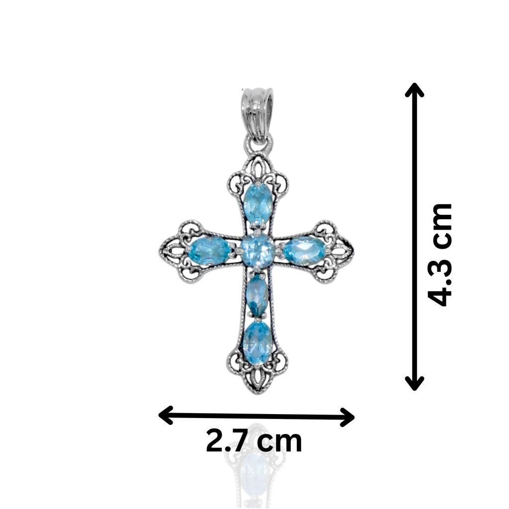 Blue Topaz Cross Pendant, 925 Sterling Silver Gemstone