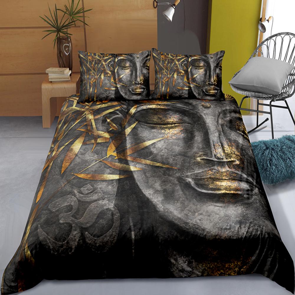 Mandala Buddha Duvet Cover Set King Size Exotic Ethnic Bohemian Bedding Set Golden Black Lotus Flowers Gorgeous Comforter Cover