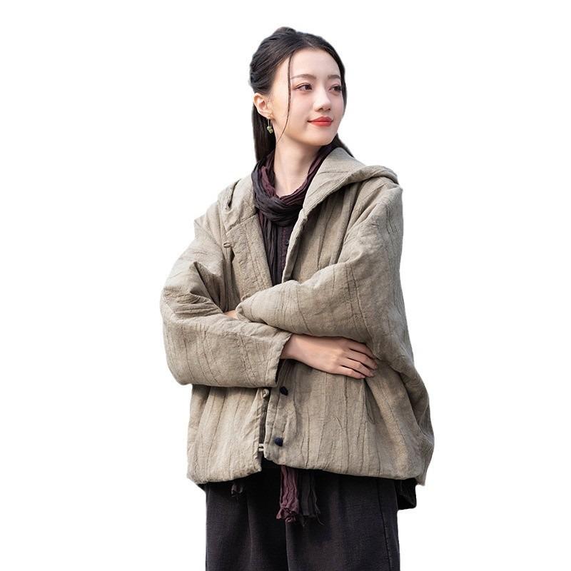 25 Winter Ramie Handmade Tie-dye Fried Color Old Zen Wandering Wind Cotton and Linen Women's Short Cotton-padded Hooded Cotton-padded Clothes