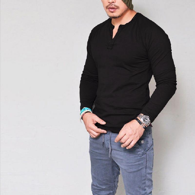 Mens Long Sleeve Henley T Shirt Solid Color Slim Fit Casual