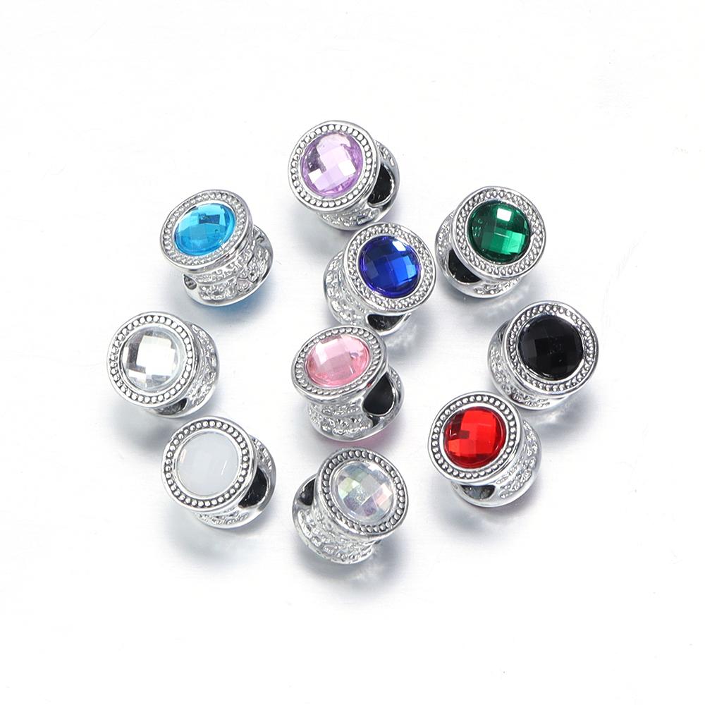 10pcs/Lot Color Alloy Rhinestone Spacer Beads Large Hole Barrel Bead for Jewelry Making DIY Charms Bracelet Hair Beads Accessory