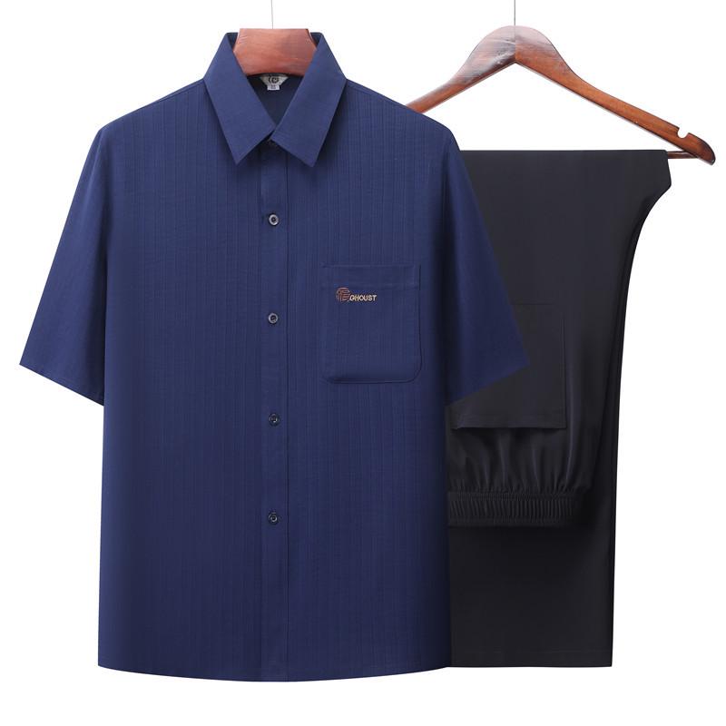 Men's Summer Jacquard Ice Silk Two-Piece Set: Short-Sleeved Loose Shirt & Casual Pants for Middle-Aged and Elderly