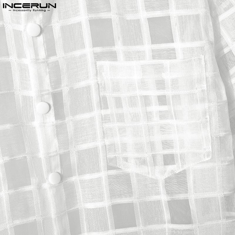 INCERUN Men Lapel Neck Mesh Sheer Transparent Plaid Tops T-Shirts