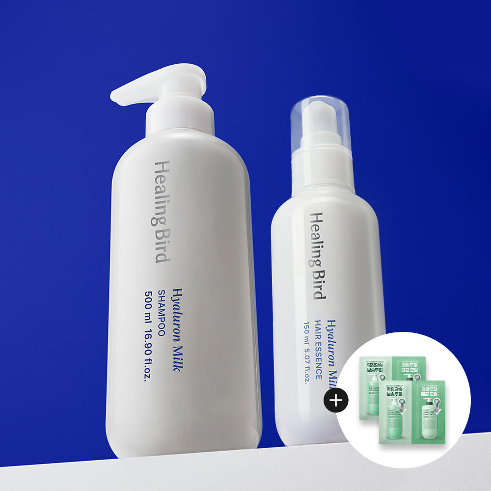 HEALING BIRD Hyaluron Milk Shampoo 500ml + Milk Hair Essence 150ml Set with Tea Tree Duo Sachet 2EA