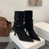 Belt Buckle Shoes, Pleated Shoes, Mid-calf Boots, New Comfortable and Versatile Boots for Women