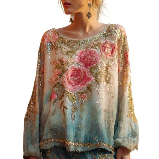 Damen Pullover Rundhals Langarm Lockerer Schnitt Pullover 3D Blumenmuster