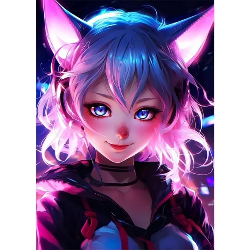 Neon Anime Cat Girl Posters Prints Canvas Painting Manga Neon Canvas Wall Art Pictures for Modern Home Girl Bedroom Game Decor