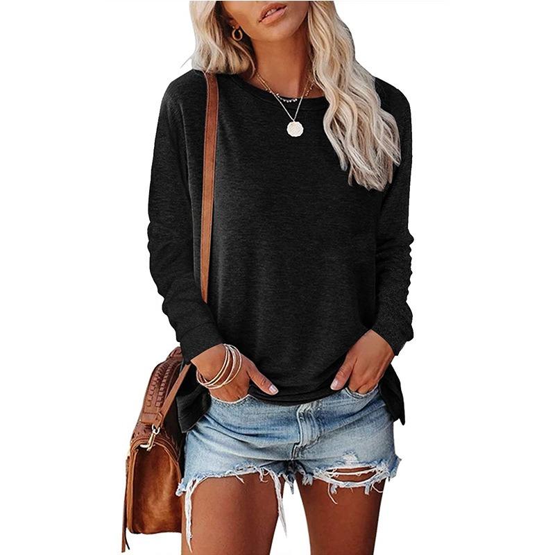 JPNTKY Women's Fashion Casual Solid Color Print O-Neck Long Sleeve Blouses & Shirts