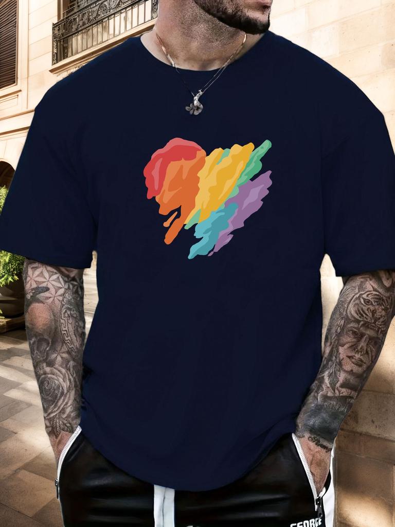 Mens Casual Tshirt Rainbow Heart Print Short Sleeve Round Neck Breathable Soft Oversized Vibrant Daily Wear Tee