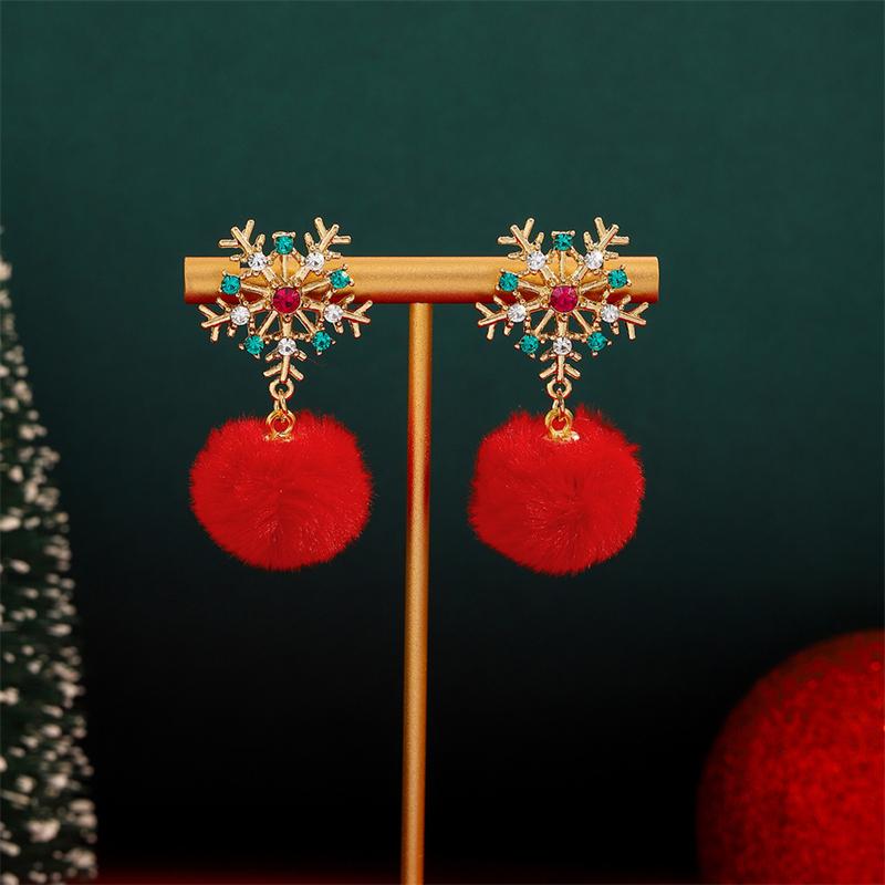 Exquisite Zircon Snowflake Pearl Earrings for Women Shiny Crystal Xmas Tree Round Ball Hanging Earring Christmas Daily Jewelry
