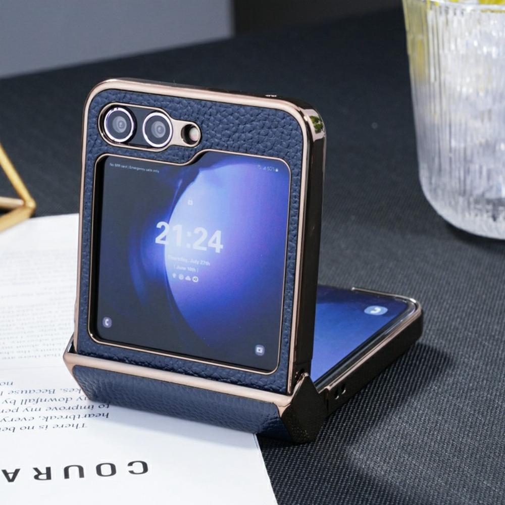 For Samsung Galaxy Z Flip6 5G Case Electroplated Leather+PC Phone Cover with Invisible Kickstand