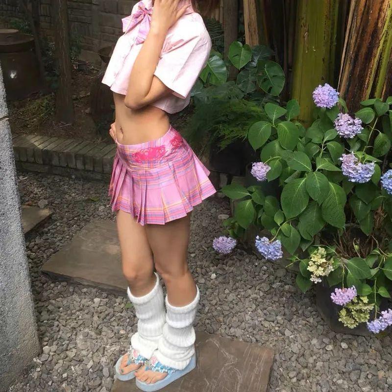 Preppy Style Pink Plaid Mini Skirts Women American Retro Y2k Kawaii Streetwear Embroidery A Line Skirts E-girl