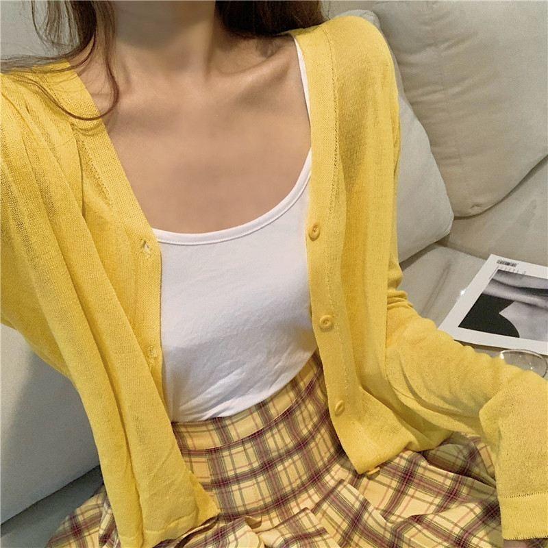 Módní letní pletené sluneční tričko Nové dámské ležérní kardigany s dlouhým rukávem V výstřih Tenký top Jednobarevné Jednoduché Elegantní halenky 3668