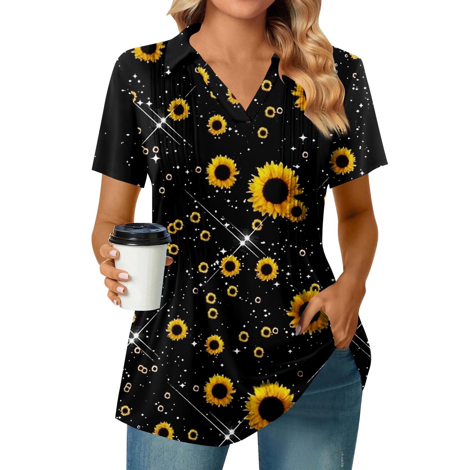 

Женская плиссированная футболка с V-образным вырезом и короткими рукавами с принтом подсолнухов, повседневная деловая рубашка S шафрановый