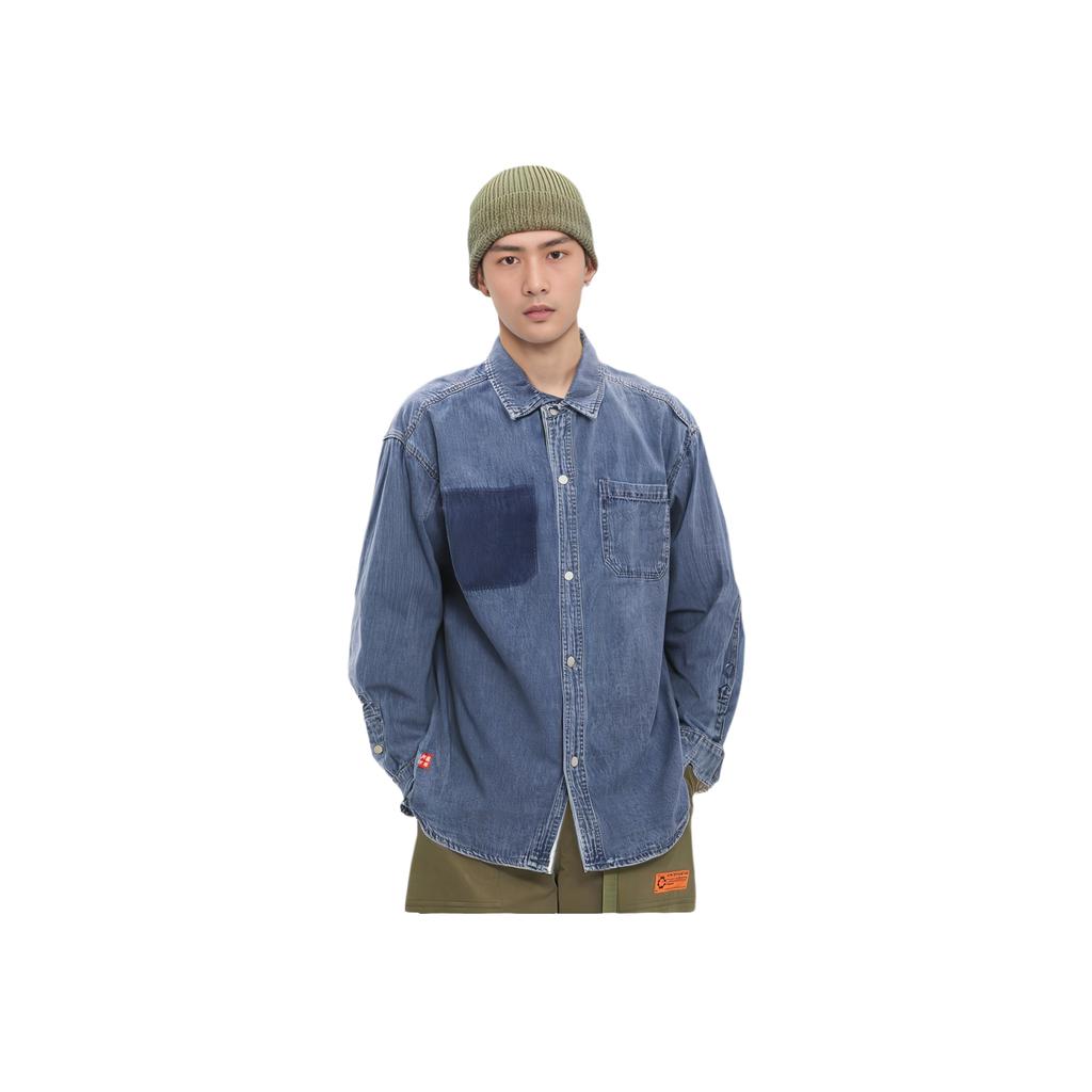Li Ning Skateboard Series Letter Button Down Loose Long Sleeve Shirt Men shirts Light-Blue Denim ASHU519-3