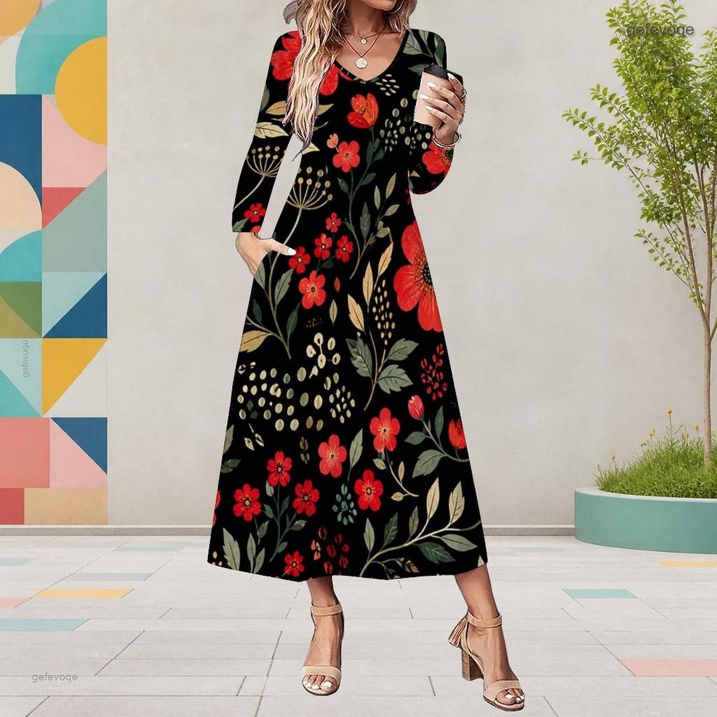 Women Plus Size Black Floral Printed Long Sleeve Round Neck A Line Midi Dress With Pockets