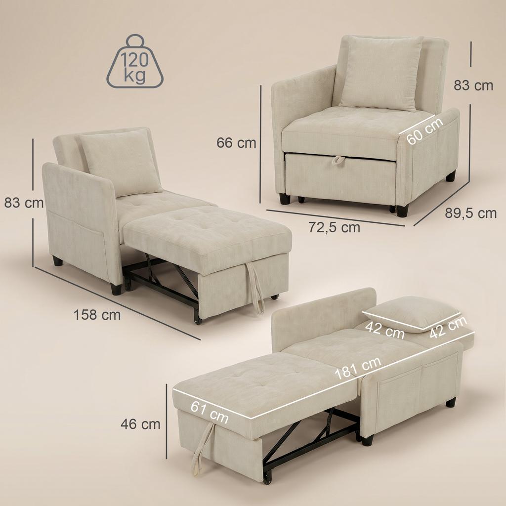 Convertible Armchair, 1-Seat, 4-in-1 Click-Clack, Chenille, Adjustable Backrest, Wide Seat, Beige